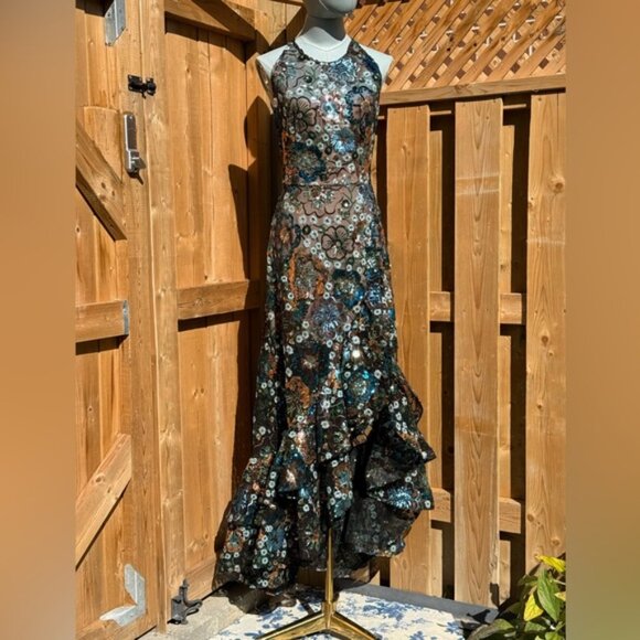 🆕 BRONX & BANCO🧿 NWOT Sicilia Blue Sequin Fluted Hem Maxi Dress Sz XS US 2 - Picture 3 of 16